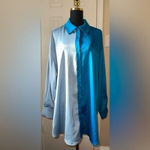Nina Parker 2X Color Block Blue Blouse Button Up Collared Silky Shirt Plus Size